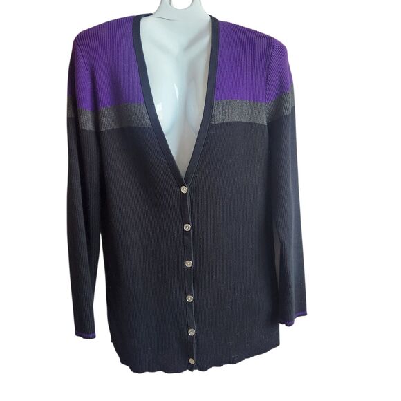 Lauren Ralph Lauren Womens Cardigan-Ribbed-Black Purple ColorBlock-Old Money-2XL - Picture 1 of 12
